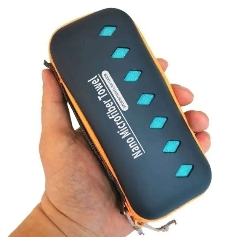 a person holding a case with a blue and white pattern