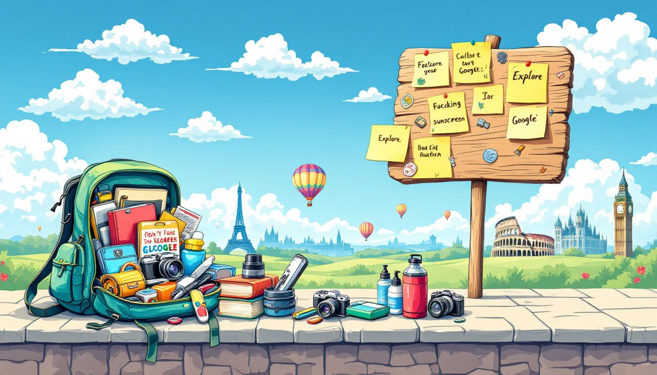 Essential gear for budget backpackers displayed against a travel-themed background.