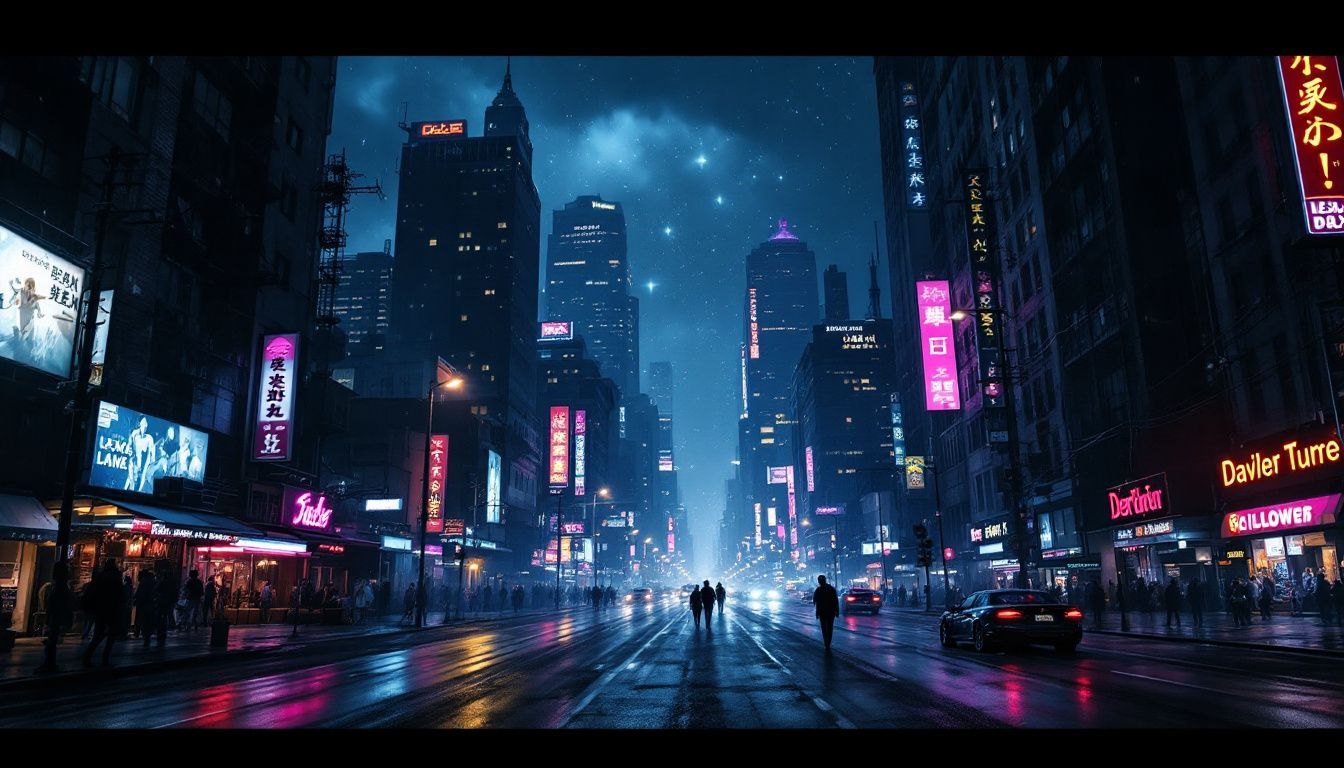 a couple of people walking down a city street
