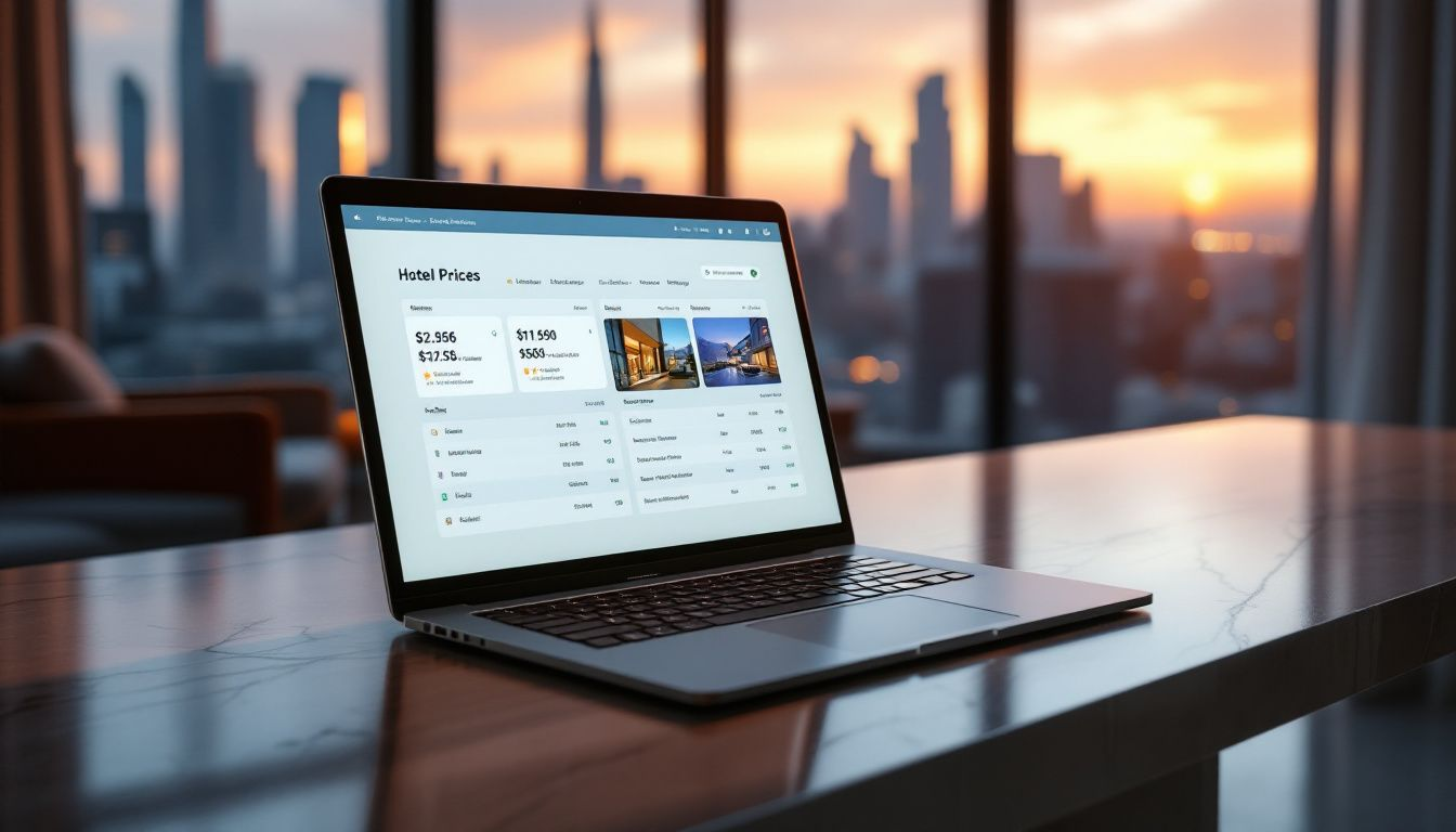 a laptop computer sitting on a table with a view of a city skyline