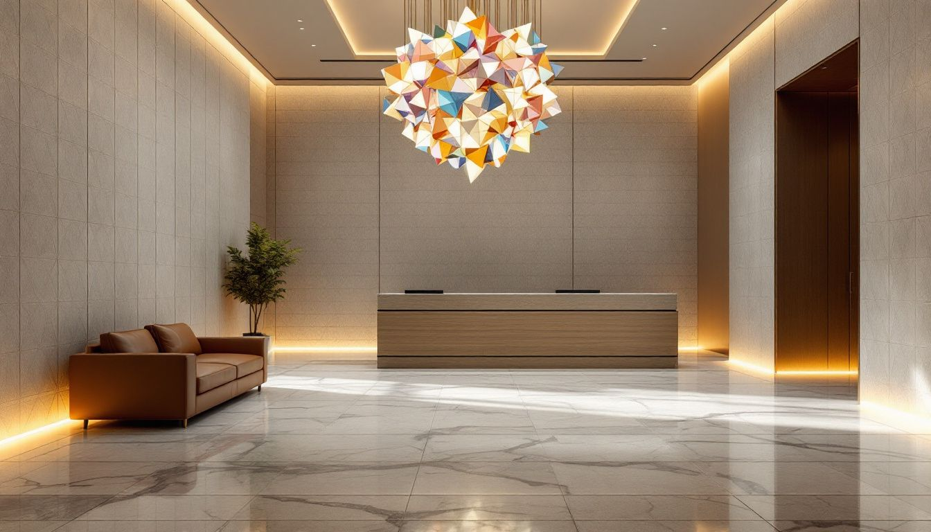 a modern looking lobby with a large chandelier