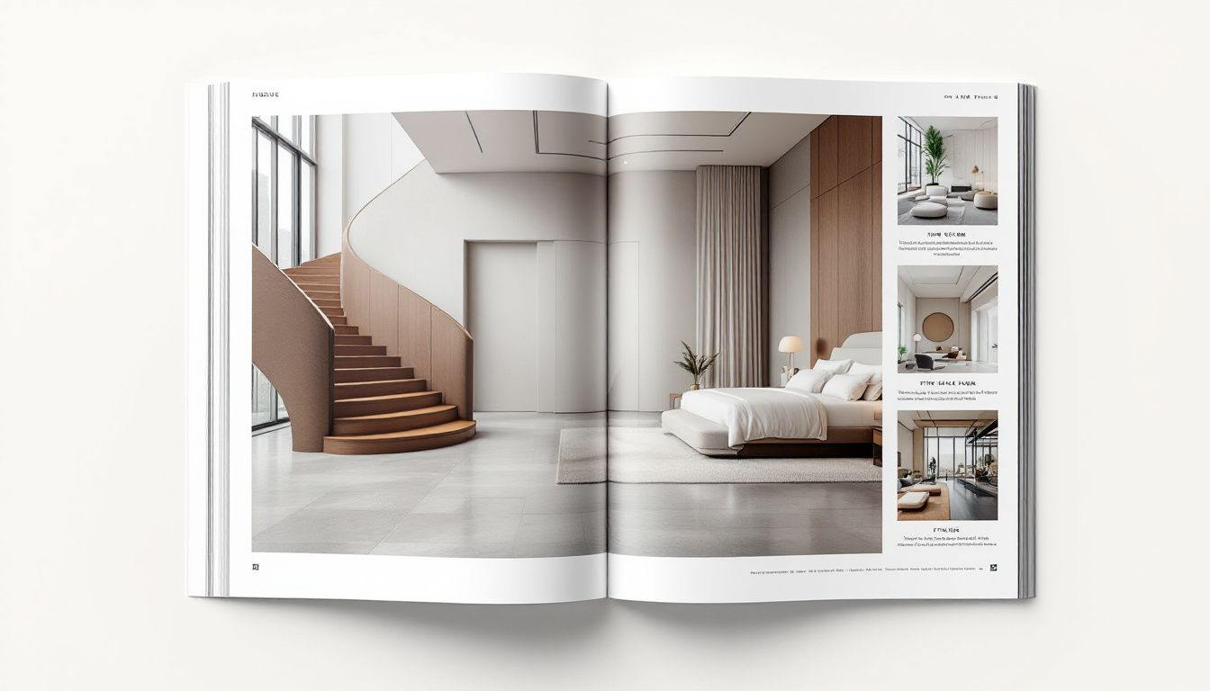 a book opened to show a magazine about a living room
