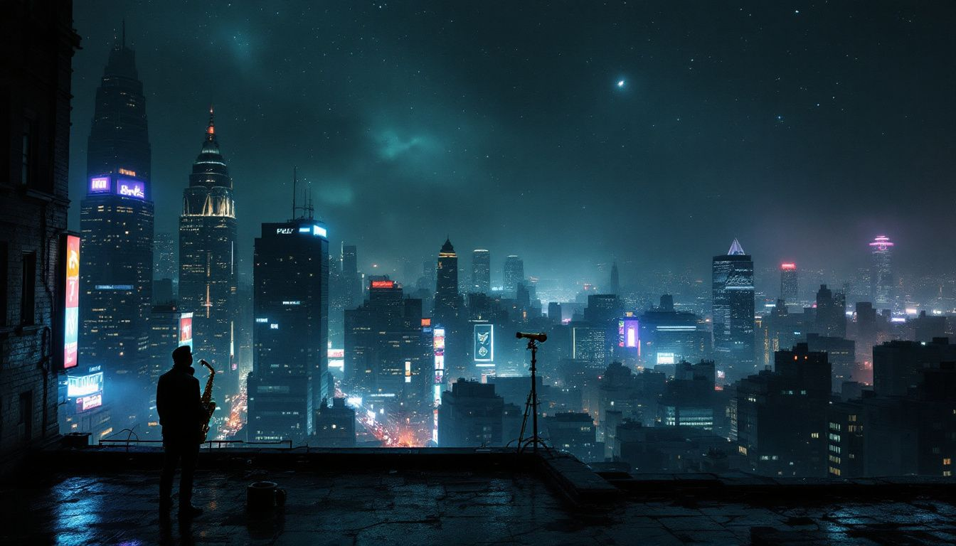 a man standing on a rooftop top with a city skyline in the background