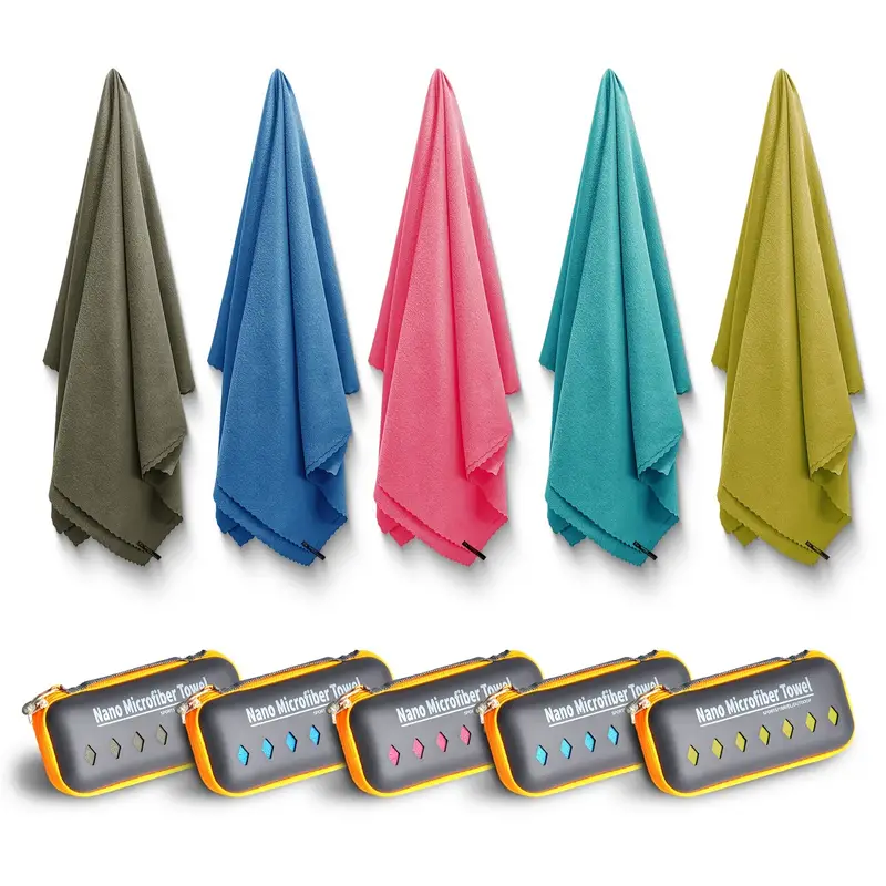 a group of four different colored towels and a remote control system